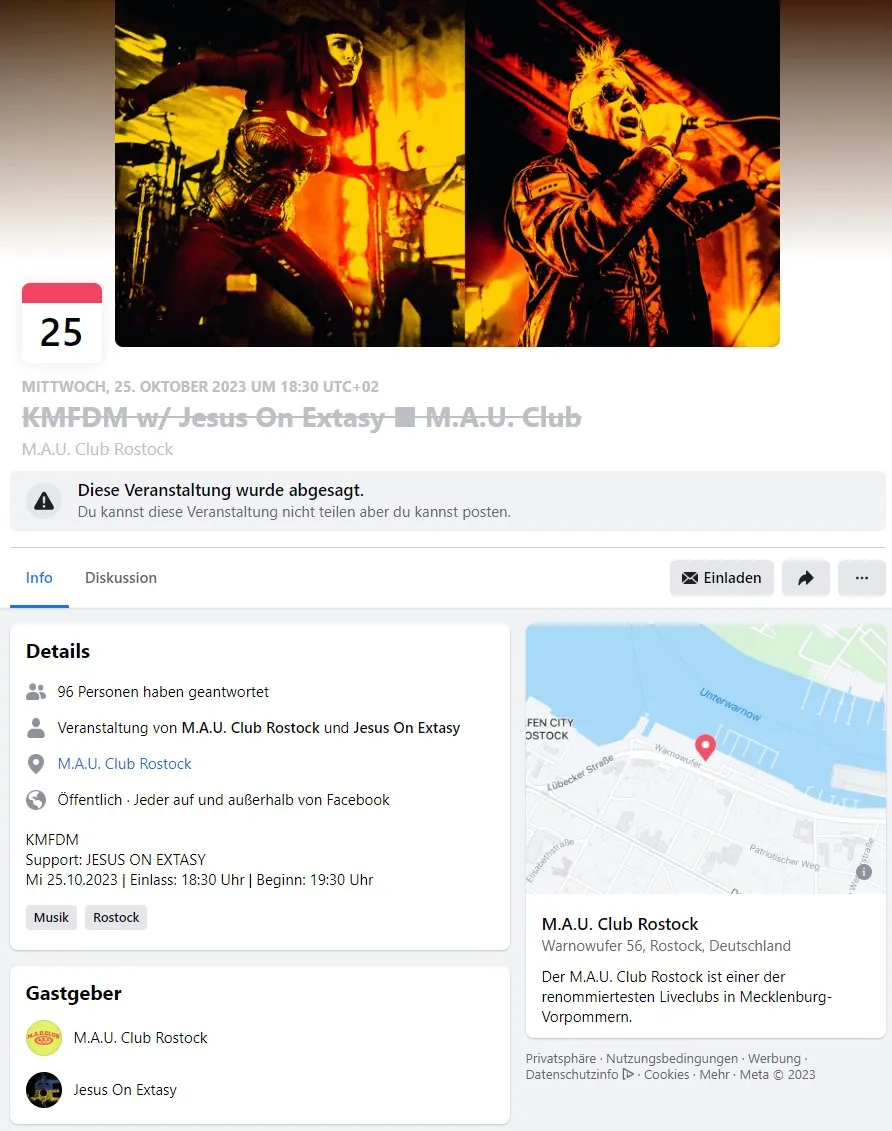 Event KMFDM 25/10/2023 Rostock M.A.U. Club Germany